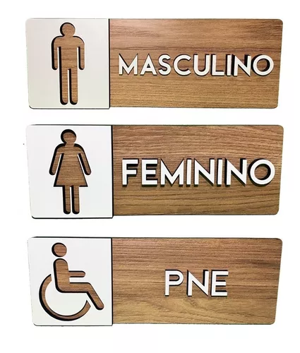 Kit 3 Placas Sinalização Banheiro Feminino Masculino E Pne