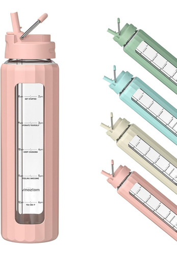 Botella De Agua De Vidrio De 32 Oz Con Tapa Y Popote
