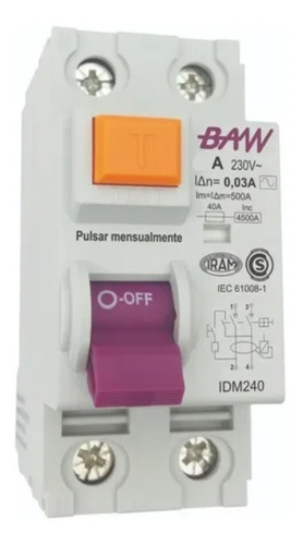 Disyuntor Interruptor Diferencial Monofásico 2x40 A Baw