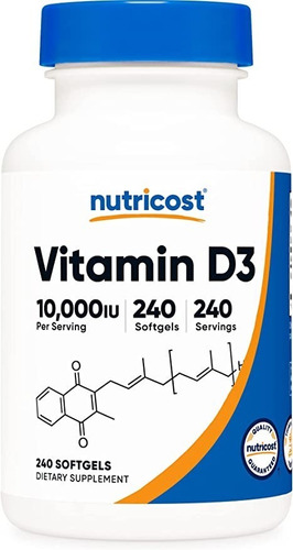 Original Nutricost Vit D3 10000 Ui, 240 Cap Gel, Potente