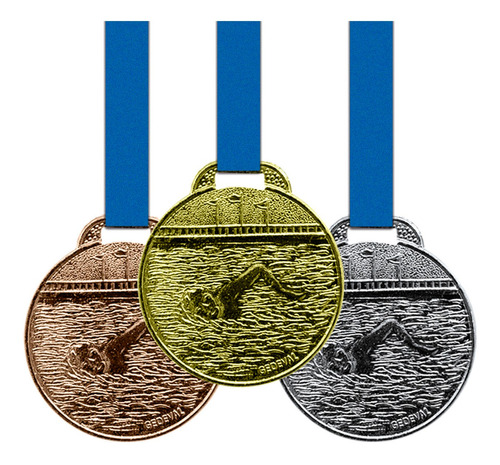 50 Medalhas Natação Metal 35mm Ouro Prata Bronze
