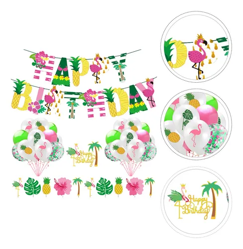 Happy Birthday Banner Balloons Hawaiian Decoration Top Hat