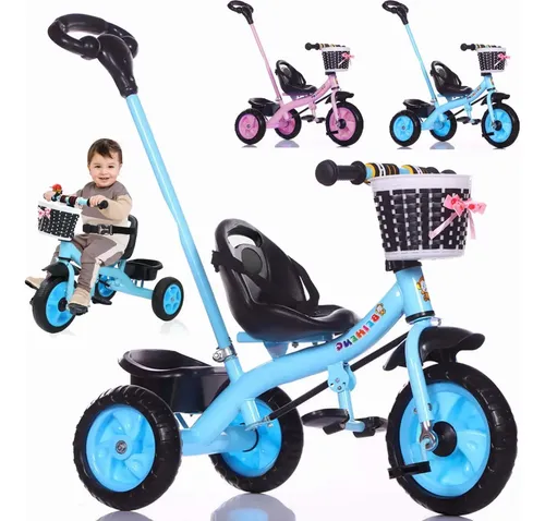 Triciclo Evolutivo Para Bebé 3 En 1 – Con Barra De Empuje, Capota Solar, Cestas Y Reposapiés Extraíble – Desde 1 A 4 Años – Azul