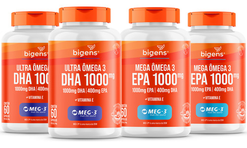 Kit Com 2x Ultra Ômega 3 Dha 1000mg + 2x Mega Ômega 3 Com Epa 1000mg + Vitamina E, 240 Cápsulas Biogens