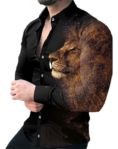 Camisa De Manga Larga Con Estampado De León Y Lobo Para Homb