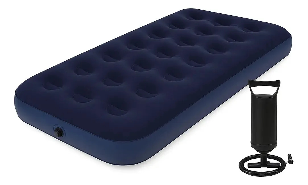 Colchão De Ar Inflável Solteiro Flocked Confortável C/ Bomba Azul