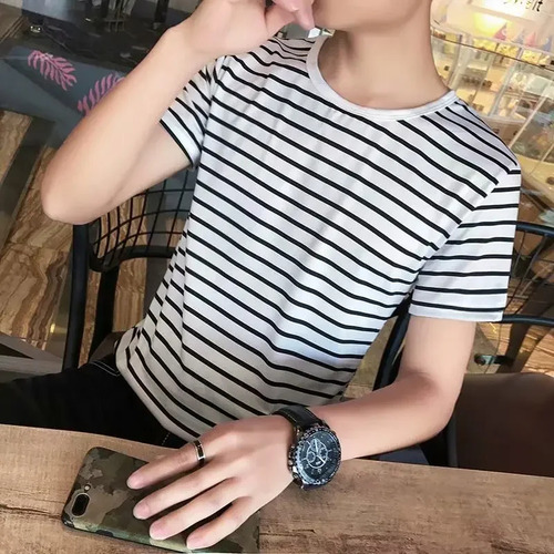Camiseta De Manga Corta A Rayas A Rayas Para Hombre, Ropa De