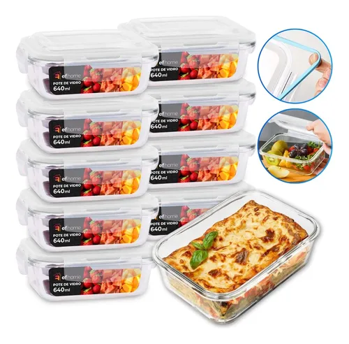 Conjunto 10 Potes 640ml Vidro Hermético 4 Travas Marmita