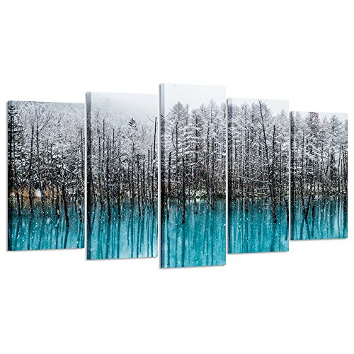 5 Piezas De Arte De Pared Lienzo Bosque Azul Pinturas D...