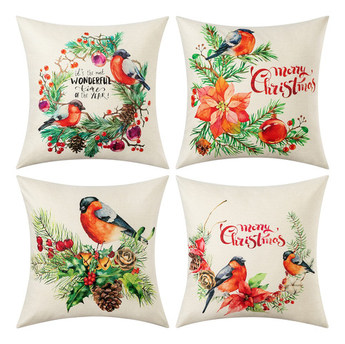 Juego 4 Funda Almohada Navidad 18 X 18  Robin Lino