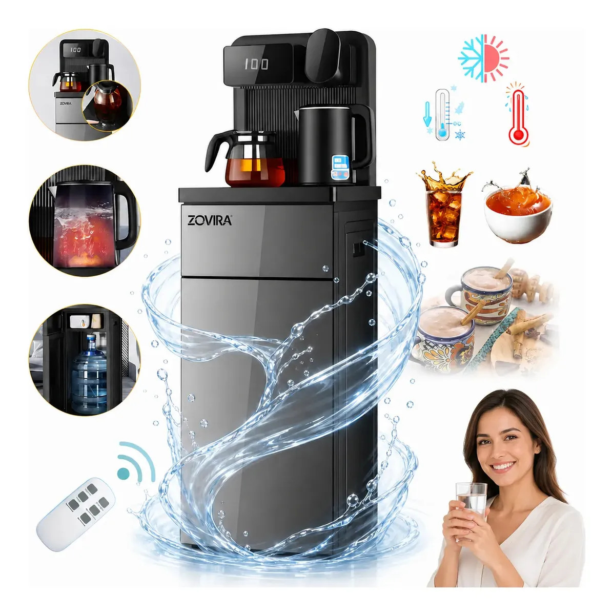 Dispensador de agua con control remoto, compartimento oculto para botellón grande, funciones de dispensado de agua fría y caliente, diseño seguro para uso diario en espacios de hog