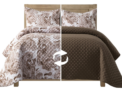 Colcha Reversible 3 Piezas Matrimonial Color Gris Ultra Suav