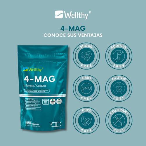 4-mag 200 Cápsulas Wellthy Mezcla De Magnesio, 100 Porciones Sin Sabor