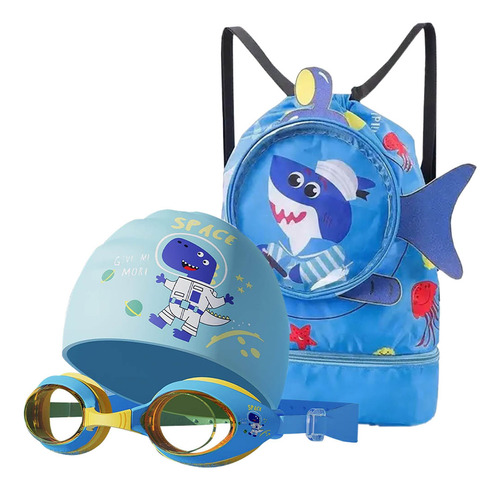 Conjunto Natação Sacola Mochila Óculos Touca Piscina Praia Cor Azul Desenho Do Tecido Tubarão