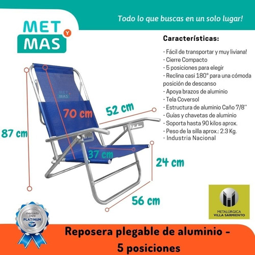 Imagen 2 de 9 de Reposera Aluminio Plegable 5 Posiciones X2 - Cama - Colores!