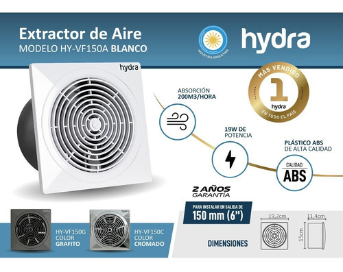 Imagen 7 de 7 de Extractor de aire Hydra HY-VF150A 150mm blanco 6 pulgadas