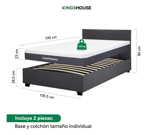 Base Cama Abatible Madera + Colchón Premium Individual