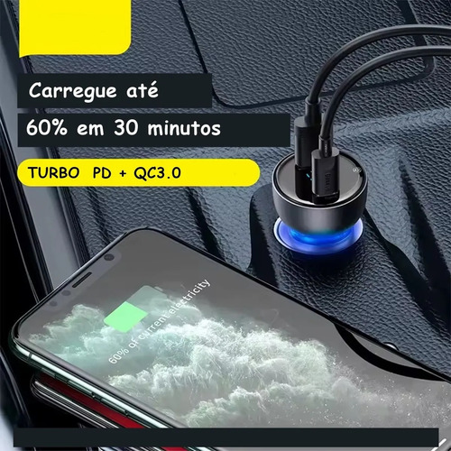 Carregador Veicular Turbo Celular Com Voltimetro E Cabo