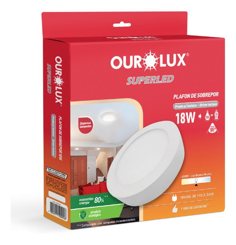 Luminaria Led 18w Sobrepor Ourolux Branco Neutro Redondo 110V/220V