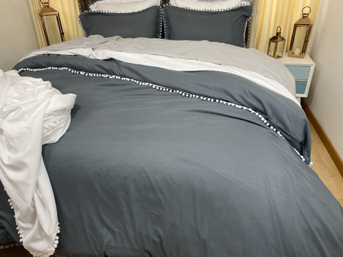 Funda Para Plumón Tipo Duvet Queen Con Borlas Gris