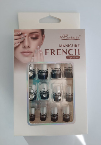Press On Manicure Uñas Postizas Diseños Blanco Negro 12pcs