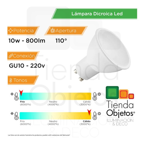 Imagen 2 de 10 de Pack 10 Lampara Dicroica Led 10w Luz Calido Frio 220v 800lm