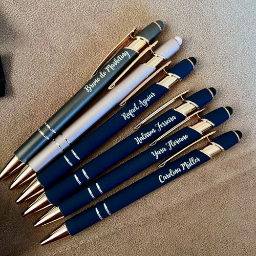 Kit 15 Caneta Metal Personalizada Logo Empresa Presente Tinta Azul Exterior Vinho Com Dourado