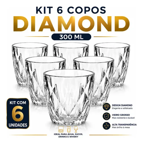 Jogo 6 Copos De Vidro 300ml Diamond Água  Suco Whisky Transparente