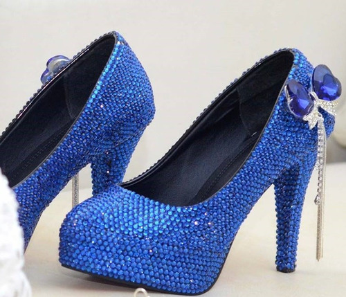 Imagem 1 de 6 de Sapato Azul Strass Cristal Festas Balada Noiva Salto 11 Cm