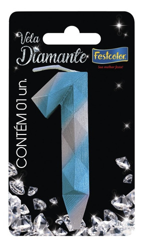 Número 1 - Vela Diamante Azul E Prateada Para Bolo E Festa