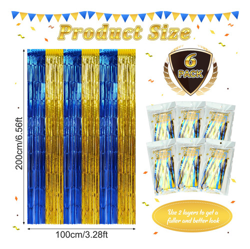Paquete De Cortinas De Flecos Metálicas Azul Dorado 2x2 Metr Color