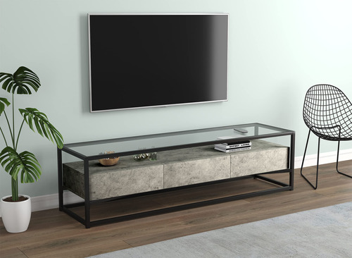 Safdie Tv Stand 59l Cemento Oscuro 3 Cajones Tapa De Cristal