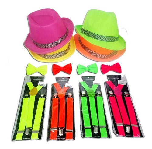 4 Tiradores Fluo + 4 Sombreros + 4 Moños Fluo Tela