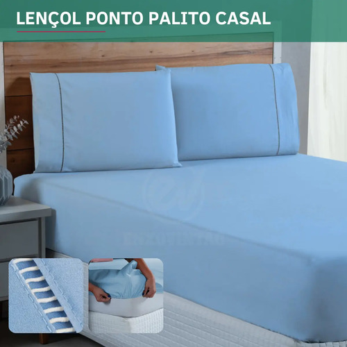 Jogo De Lençol Casal Padrão C/elástico 400 Fios Fronha Ponto Palito Toque Macio Confortável Hotel Luxo Cor Azul Bebê