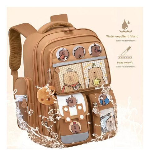 Mochila Capibara Escolar Kawaii Con Accesorios Compartimentos Premium Marrón Claro Tela De Oxford