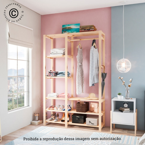Imagem 3 de 9 de Estante Para Roupas Em Madeira Arara Sapateira Praleteira
