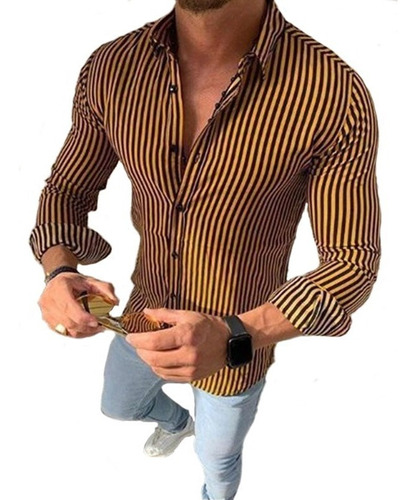 Camisa Moderna A Rayas De Mangas Largas Para Hombre