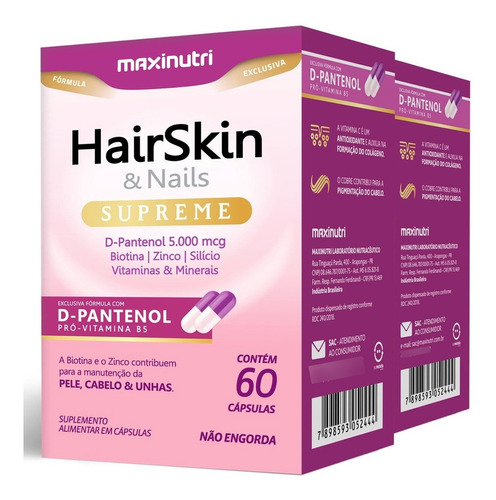 2 Hair Skin & Nails Supreme D-pantenol 5000mcg 60 Cápsulas 