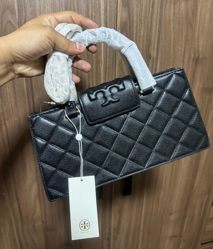Bolsa Tory Burch 100% Original Tote Fleming East West 164763 Negro Rayas Oro Negro (Usado)