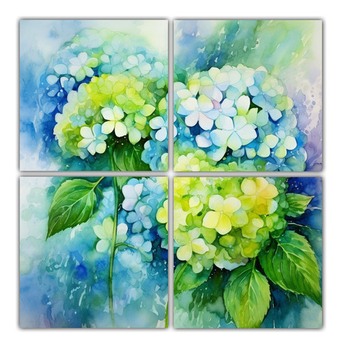 160x160cm Cuadro Abstracción Flores Hortensias Verde Y Turq