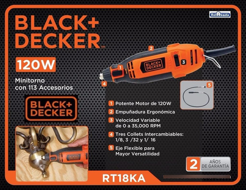 Imagen 2 de 10 de Mini Torno Black Decker Minitorno Rt18ka + 113 Pzs Solfer!!