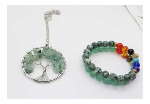 Imagen 3 de 4 de Collar Árbol De La Vida Verde Más Set Pulseras 7chakras