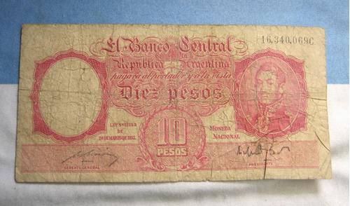 Argentina 10 $ M/nacional Serie C   San Martin  Bottero 1942