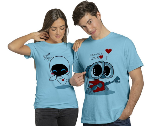 Playera Pareja Walle Y Eva Novios Azul