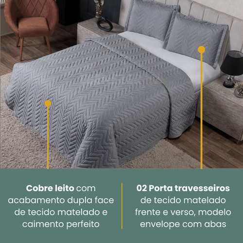Colcha Cobre Leito Matelado 3 Peças Queen Padrão Dupla Face Cama Posta Quarto Cor Cinza