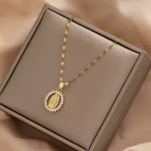 Collar Cadena Virgen Guadalupe Acero Inoxidable Chapada Oro Blanco