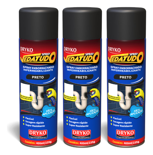 Kit 3 Spray Emborrachado Impermeabilizante Preto 400ml Dryko