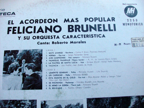 Feliciano Brunelli - El Acordeón Mas Popular / Vinilo Lp Ex (Usado)