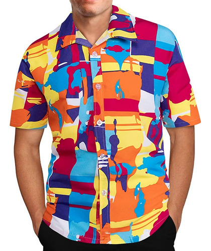 Blusa De Playa De Manga Corta Con Estampado Hawaiano Hombre