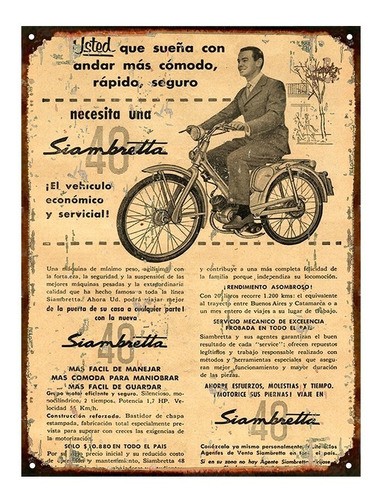 Cartel De Chapa Publicidad Antigua Moto Siambretta 48 A018